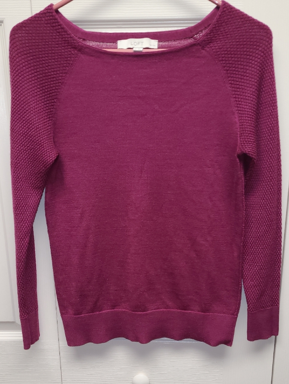 LOFT Women's Raspberry Crewneck Sweater with Textured Raglan Sleeves SP